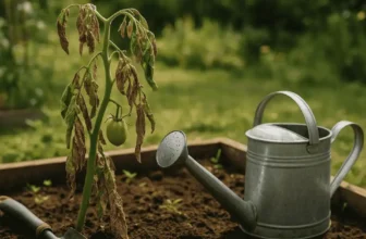 A wilted tomato plant with brown, drooping leaves in a raised garden bed beside a metal watering can.