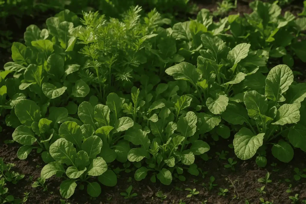 A dense patch of leafy greens growing closely together in a garden bed.