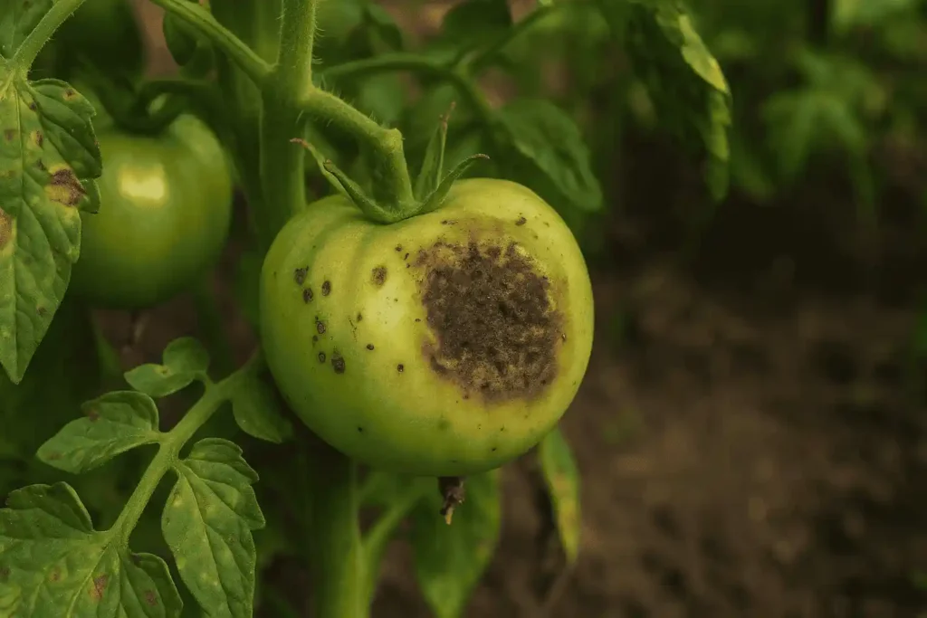 A green tomato showing dark rot and spotting, surrounded by damaged leaves on the vine.