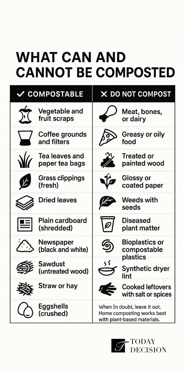 Infographic showing what can and can't be composted. Compostable: fruit scraps, coffee grounds, tea bags, grass, leaves, cardboard, newspaper, sawdust, straw, eggshells. Not compostable: meat, oily food, treated wood, glossy paper, weeds with seeds, diseased plants, bioplastics, dryer lint, salty leftovers.