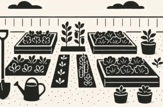 Black and white top-down illustration of a backyard vegetable garden with raised beds, in-ground rows, and potted plants arranged in a neat layout. A shovel and watering can rest nearby, with a simple fence and sky in the background.