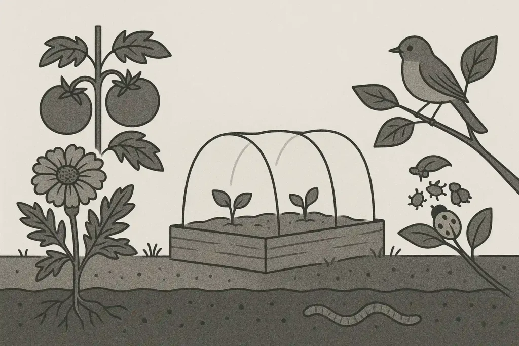 Horizontal garden scene in three sections: marigold and tomato plants, a raised bed with row cover, and a bird on a branch near ladybugs.