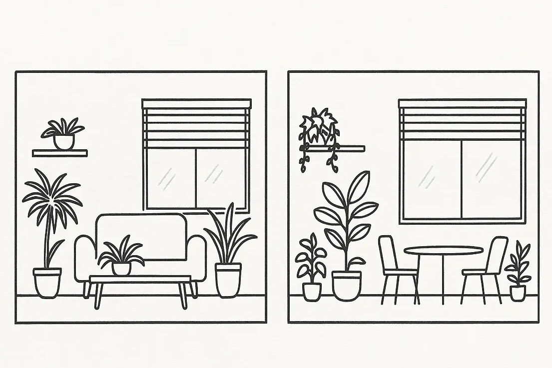 Three minimalist illustrations of different rooms with varying numbers and placements of indoor potted plants.