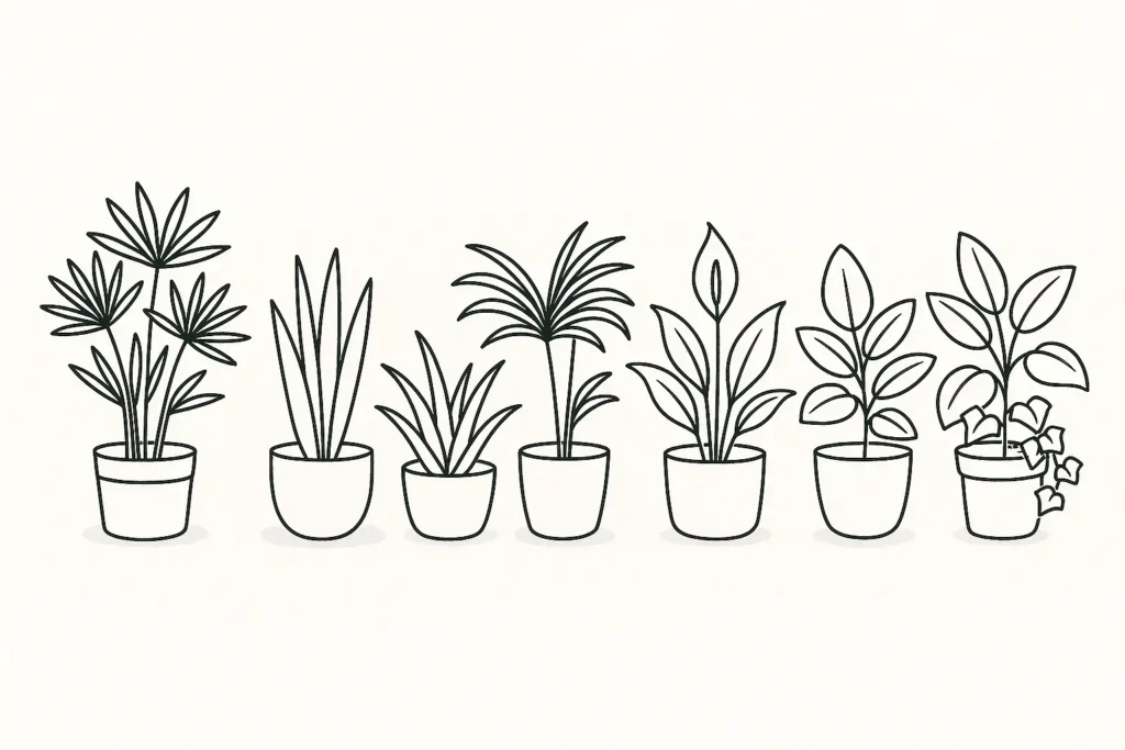 Line drawing of nine different indoor plants in pots, arranged in a row to show variety in leaf shapes and sizes.
