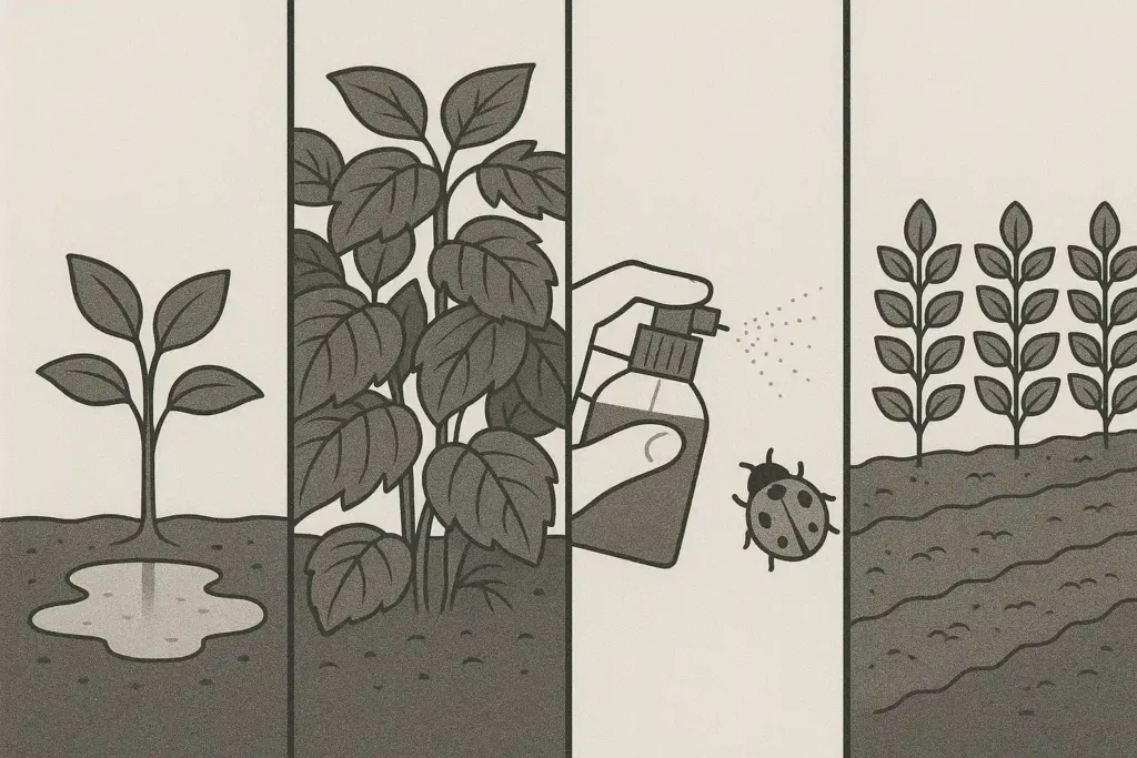 Black-and-white illustration in four panels showing overwatering, overcrowded plants, spraying a ladybug, and a monoculture crop row.