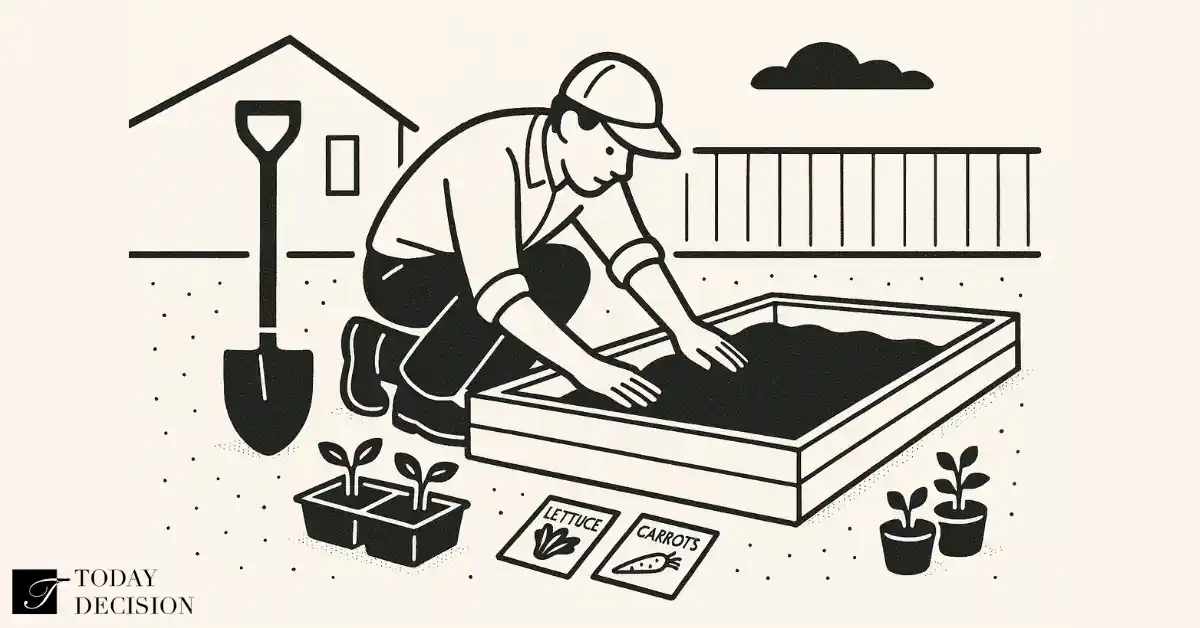Side-view black and white drawing of a person kneeling to spread soil in a raised garden bed. Garden tools, labeled seed packets, and small plants are in the foreground. A house and fence provide context in the background.
