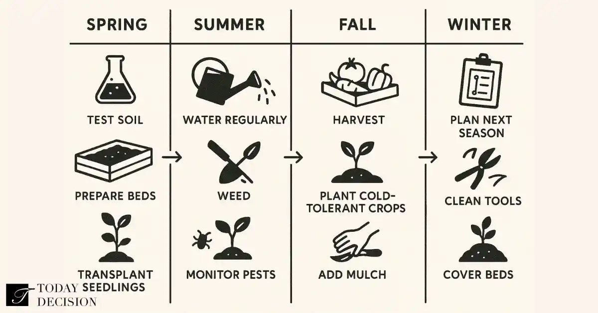 Horizontal black and white infographic divided into four labeled sections—Spring, Summer, Fall, and Winter. Each section features simple icons and short descriptions of key gardening tasks, such as planting, weeding, harvesting, and tool care.