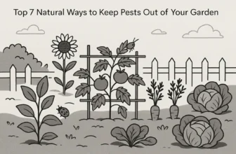 Minimalist black-and-white garden illustration with various vegetables, a picket fence, aphids, and ladybugs; includes top-left title text.