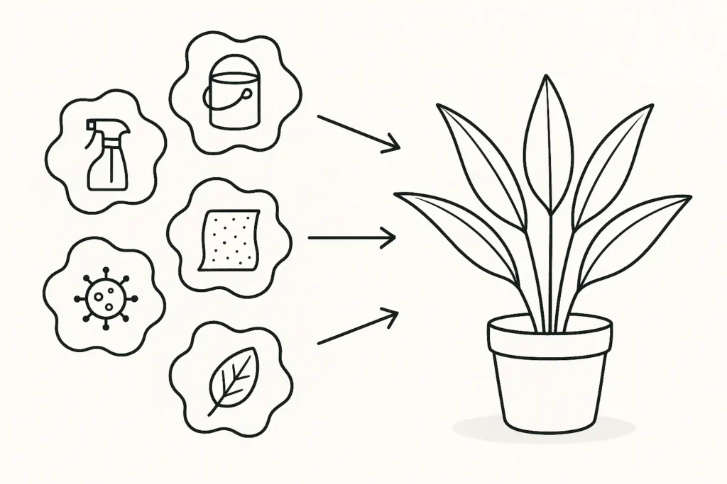 Diagram showing a potted plant with arrows pointing from icons representing cleaning products, paint, and allergens, indicating potential air quality benefits.