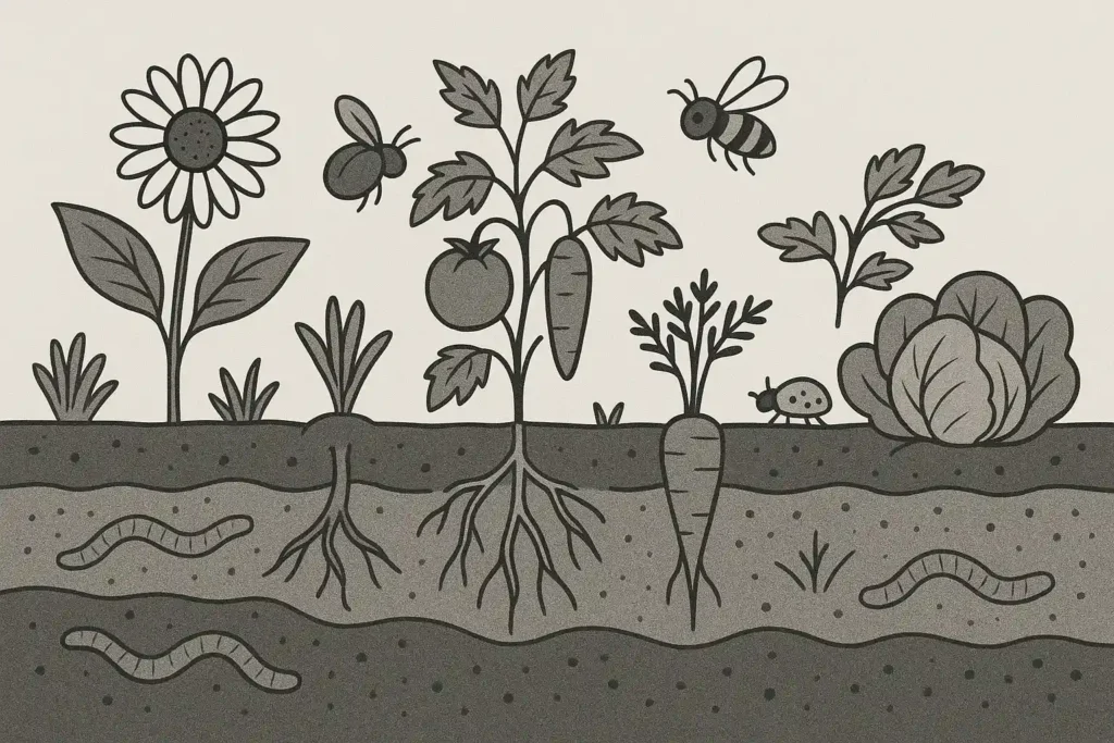 Black-and-white garden cross-section showing plants, bees, ladybugs, aphids, roots, and earthworms beneath layered soil.