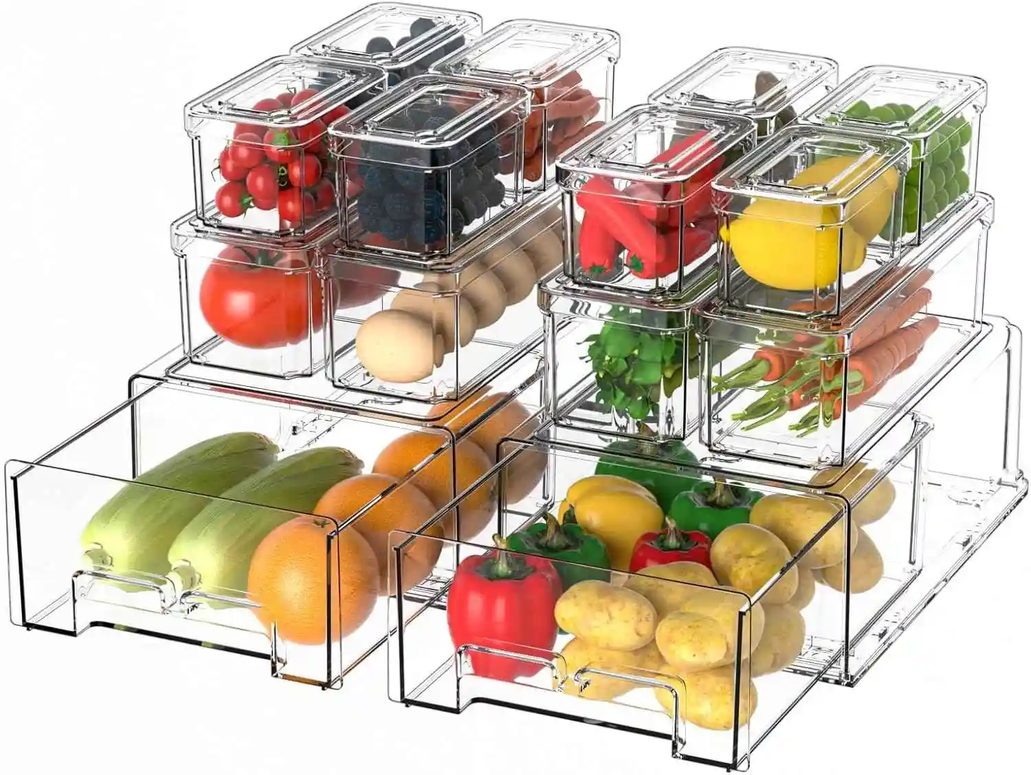 Transparent stackable storage bins filled with assorted fresh fruits and vegetables.