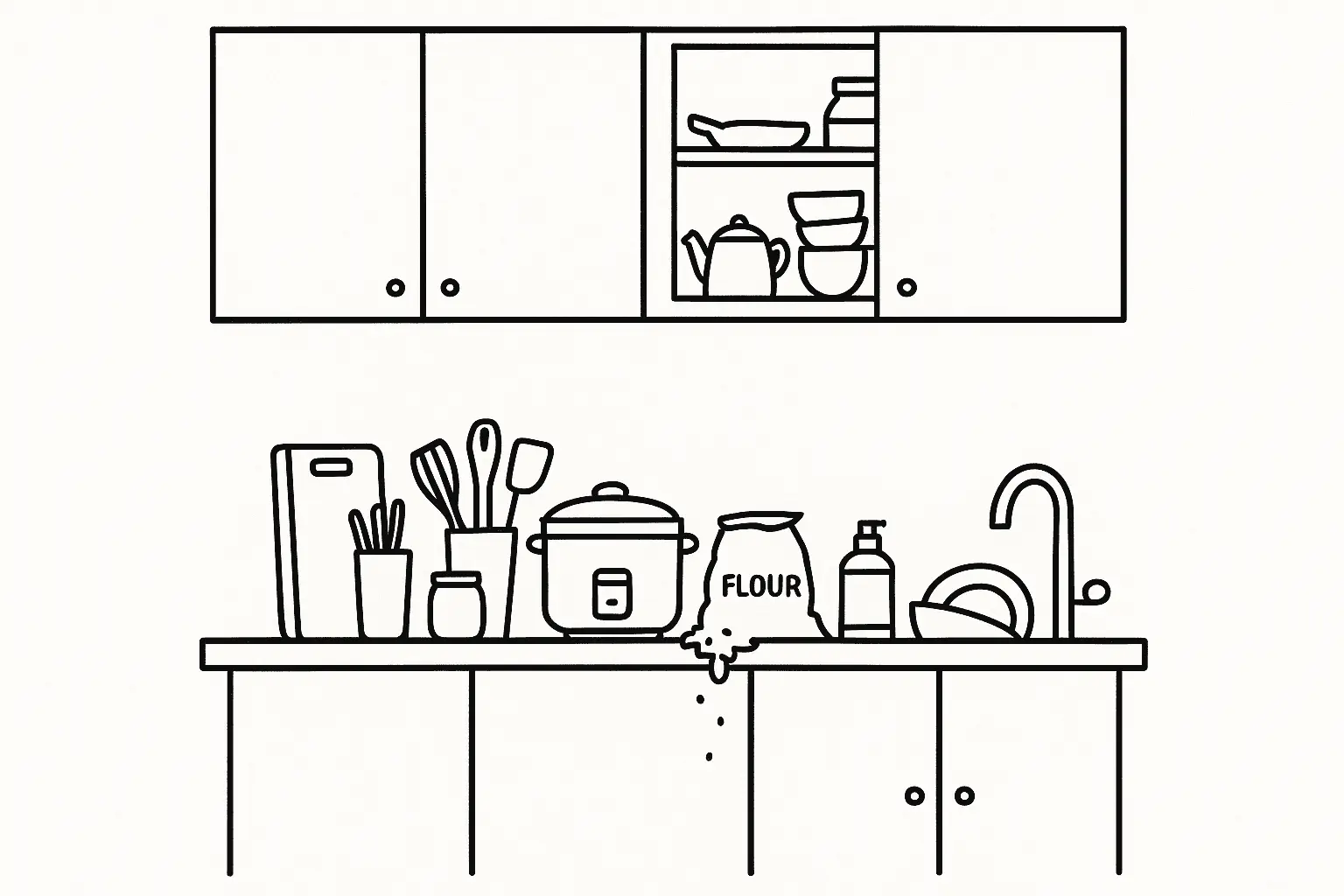 Illustration of a cluttered kitchen counter with utensils, a rice cooker, an open flour bag spilling onto the floor, soap, and dishes by the sink, with cabinets above and below.