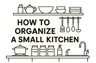 Minimalist black-and-white illustration showing kitchen shelves with dishes, utensils, and labeled jars, with the text 'How to Organize a Small Kitchen' in bold letters.
