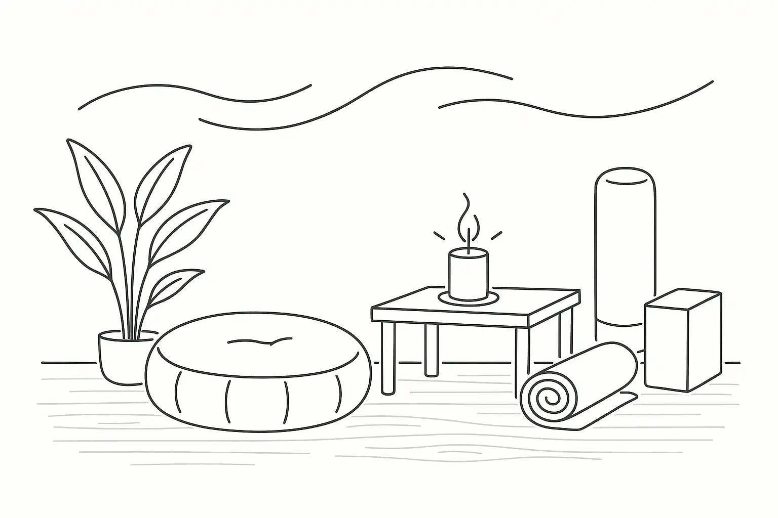 Line drawing of a meditation space with a cushion, yoga mat, candle, and potted plant for relaxation.
