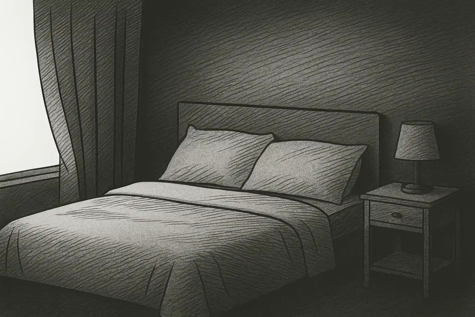 Monochrome sketch of a bedroom with a bed, nightstand, lamp, and curtains, showing a calm sleep environment.