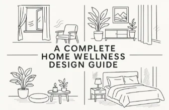 Illustrated collage of home wellness design elements including plants, furniture, a bedroom, and meditation space, with the title “A Complete Home Wellness Design Guide.”