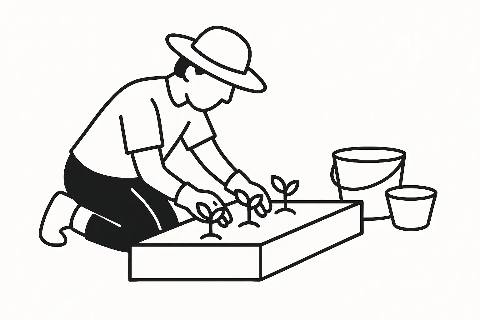 Black-and-white line drawing of a person planting seedlings in a raised garden bed with small containers nearby.