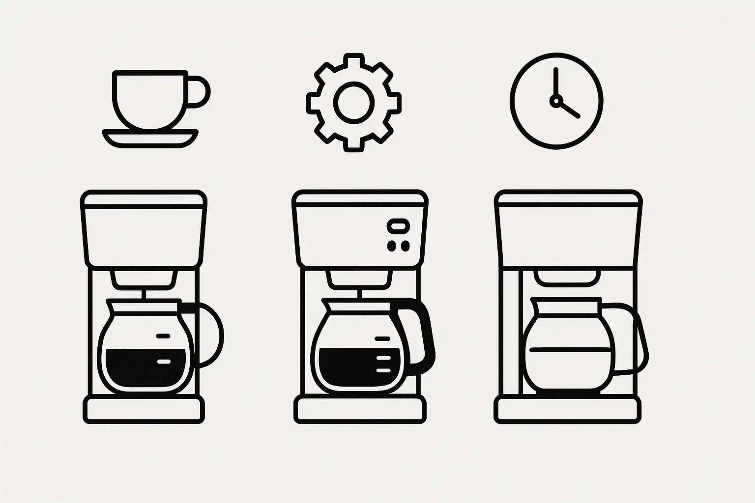 Icons showing coffee makers with symbols for cup size, settings, and timer.