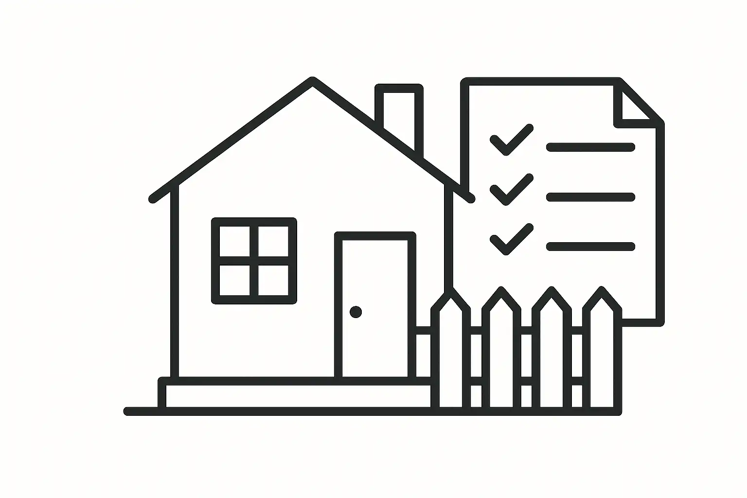 Minimal black-and-white drawing of a house with a fence and a document checklist icon beside it.