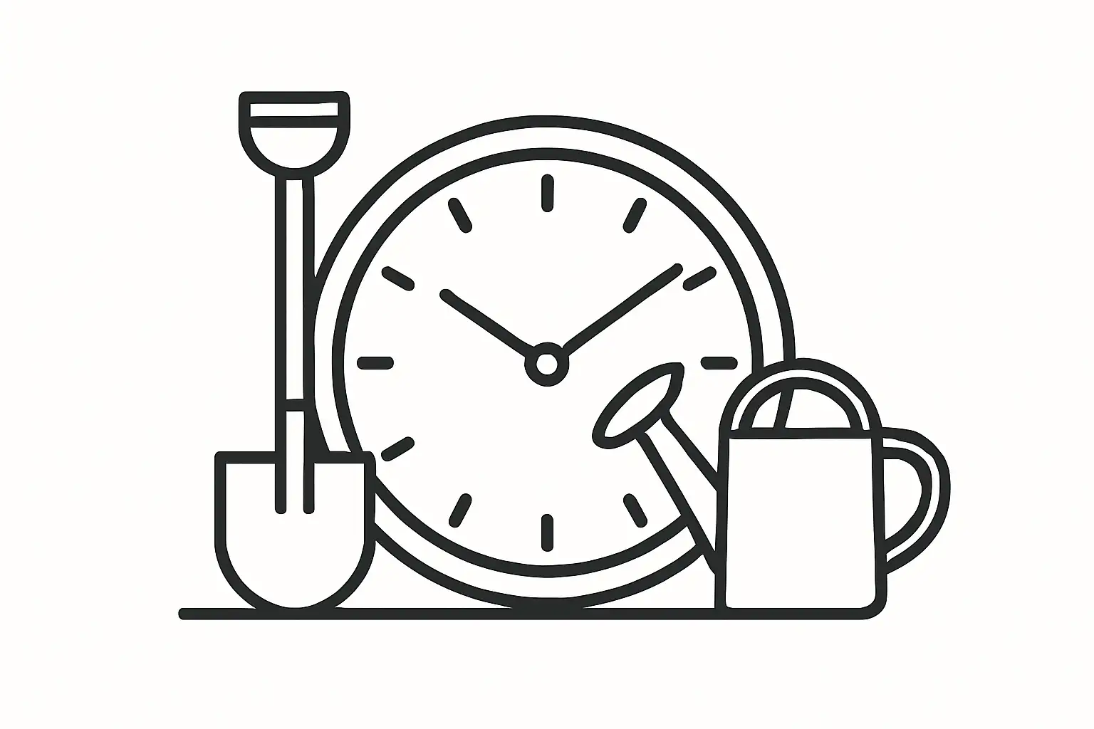 Black-and-white sketch of a clock with garden tools leaning against it, symbolizing time and homestead work.