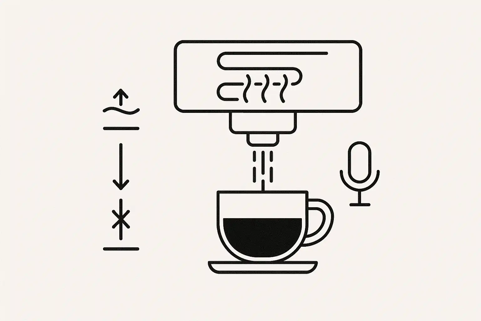 Espresso machine pouring coffee with hot and cold water control icons.