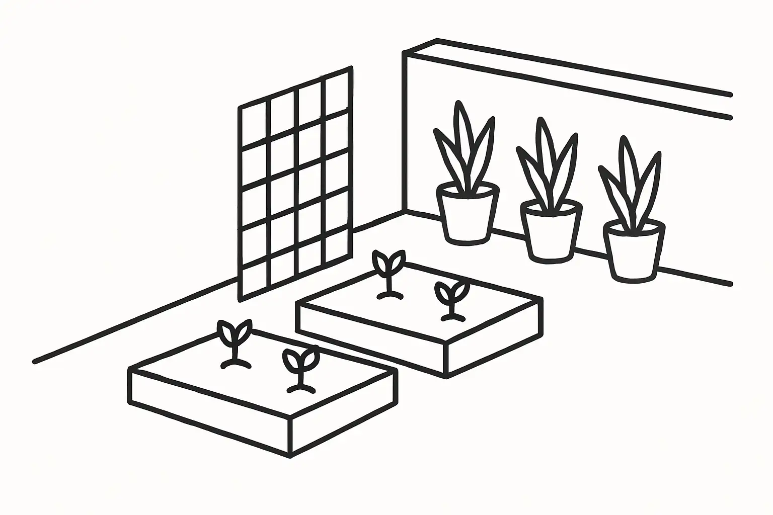 Minimalistic black-and-white diagram of a small backyard with raised beds, vertical trellis, and container plants.