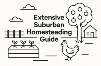Minimal black-and-white illustration of a suburban backyard with a garden, chicken, and fruit tree, featuring the title “Extensive Suburban Homesteading Guide"