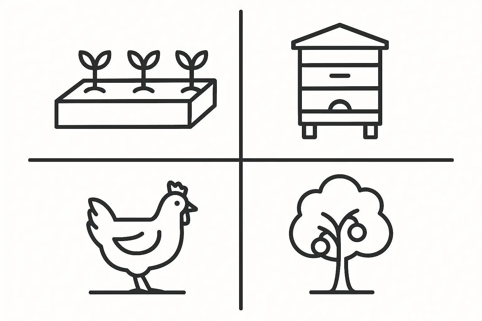 Black-and-white illustration showing four icons: vegetable garden, beehive, chicken coop, and fruit tree.