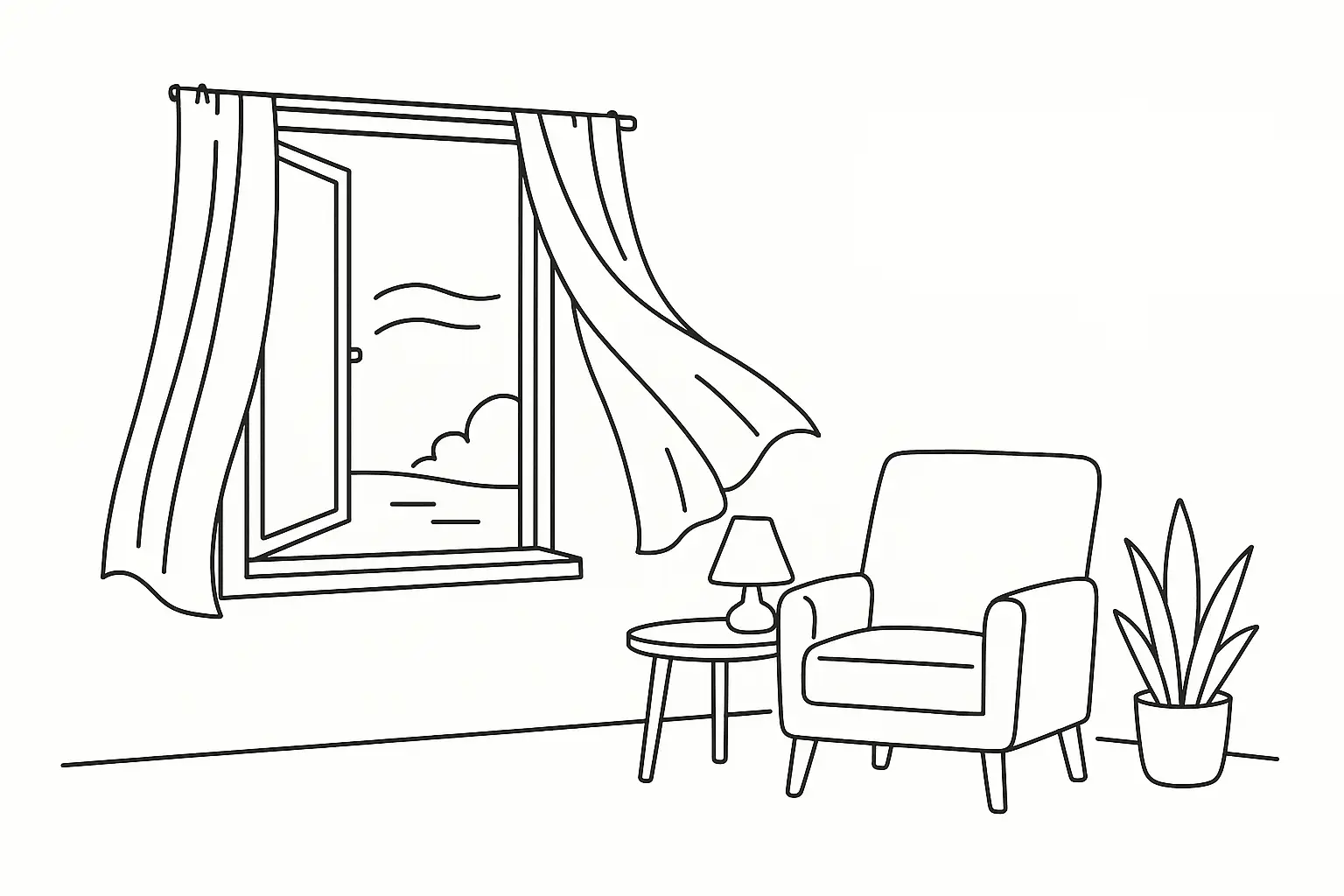 Minimalist illustration of a reading nook with an open window, chair, lamp, and indoor plant, symbolizing home wellness design.