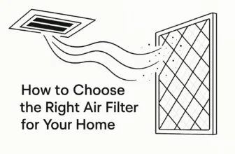 Minimal black-and-white illustration of an HVAC vent releasing clean air toward a filter panel, with dust particles and title text “How to Choose the Right Air Filter for Your Home.”