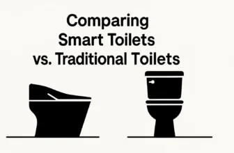 Minimalist black and white illustration comparing smart toilets and traditional toilets side by side with title text