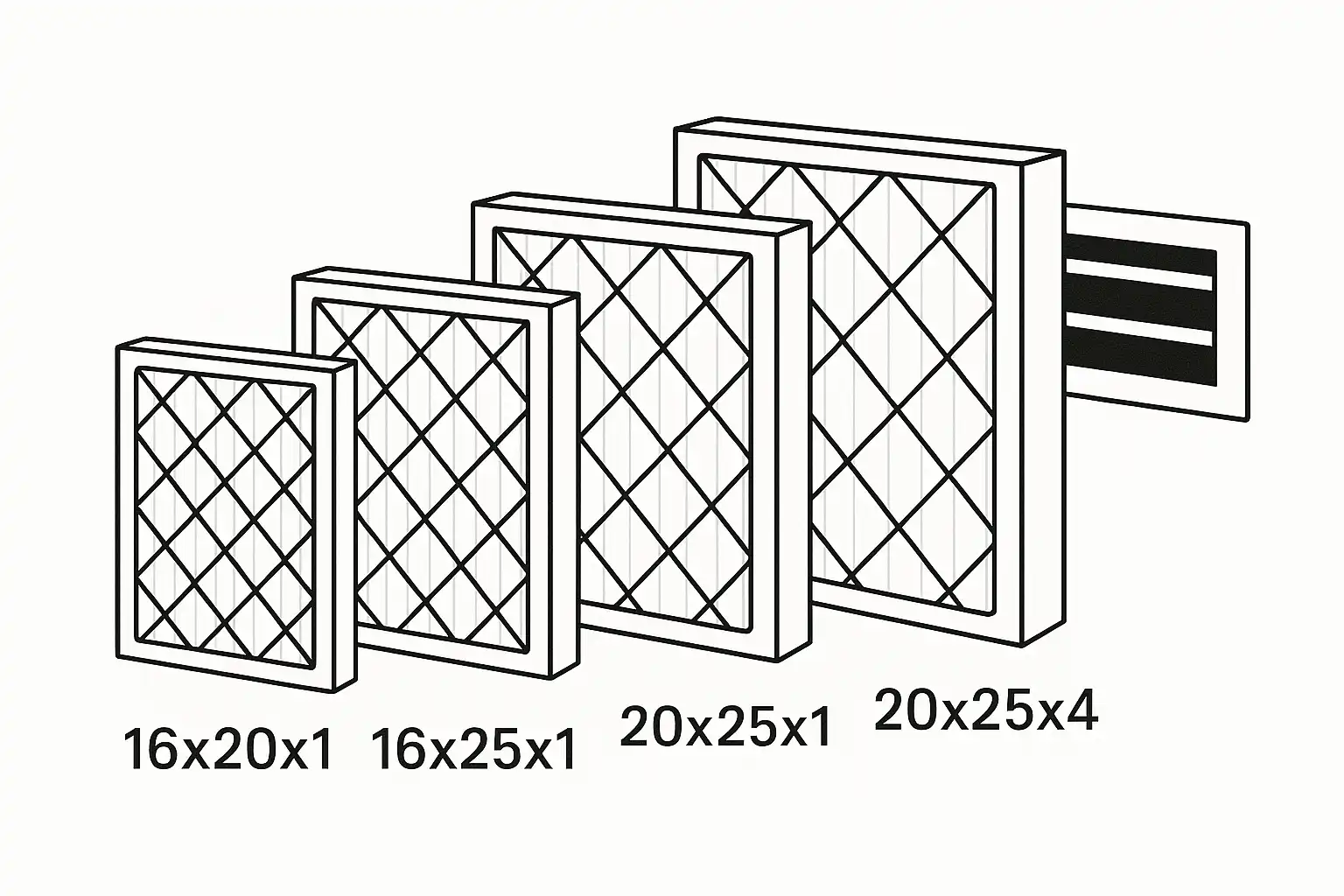 Black-and-white illustration showing four rectangular air filters of different labeled sizes (16x20x1, 16x25x1, 20x25x1, 20x25x4) arranged beside an HVAC vent.