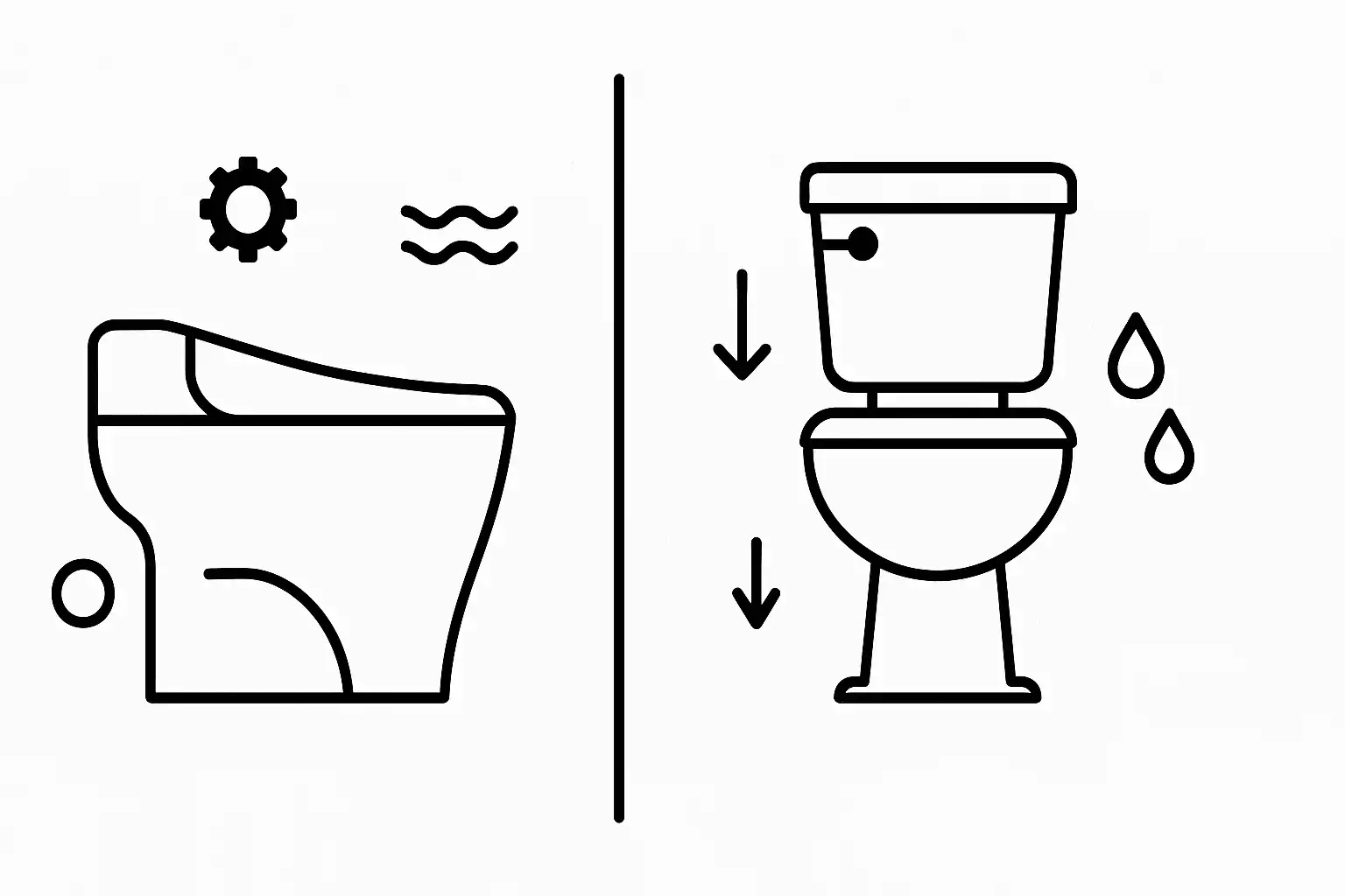 Split-screen black and white illustration showing a smart toilet with tech symbols on the left and a traditional toilet with water icons on the right.
