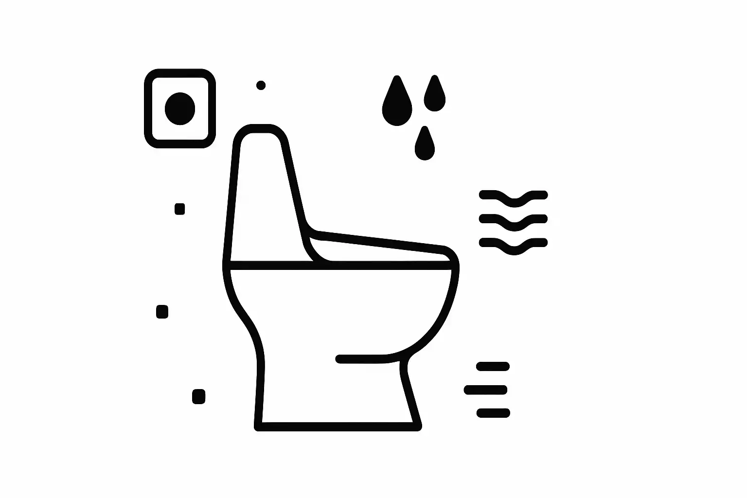 Minimalist line art of a modern smart toilet surrounded by icons representing sensors, water spray, and technology features.