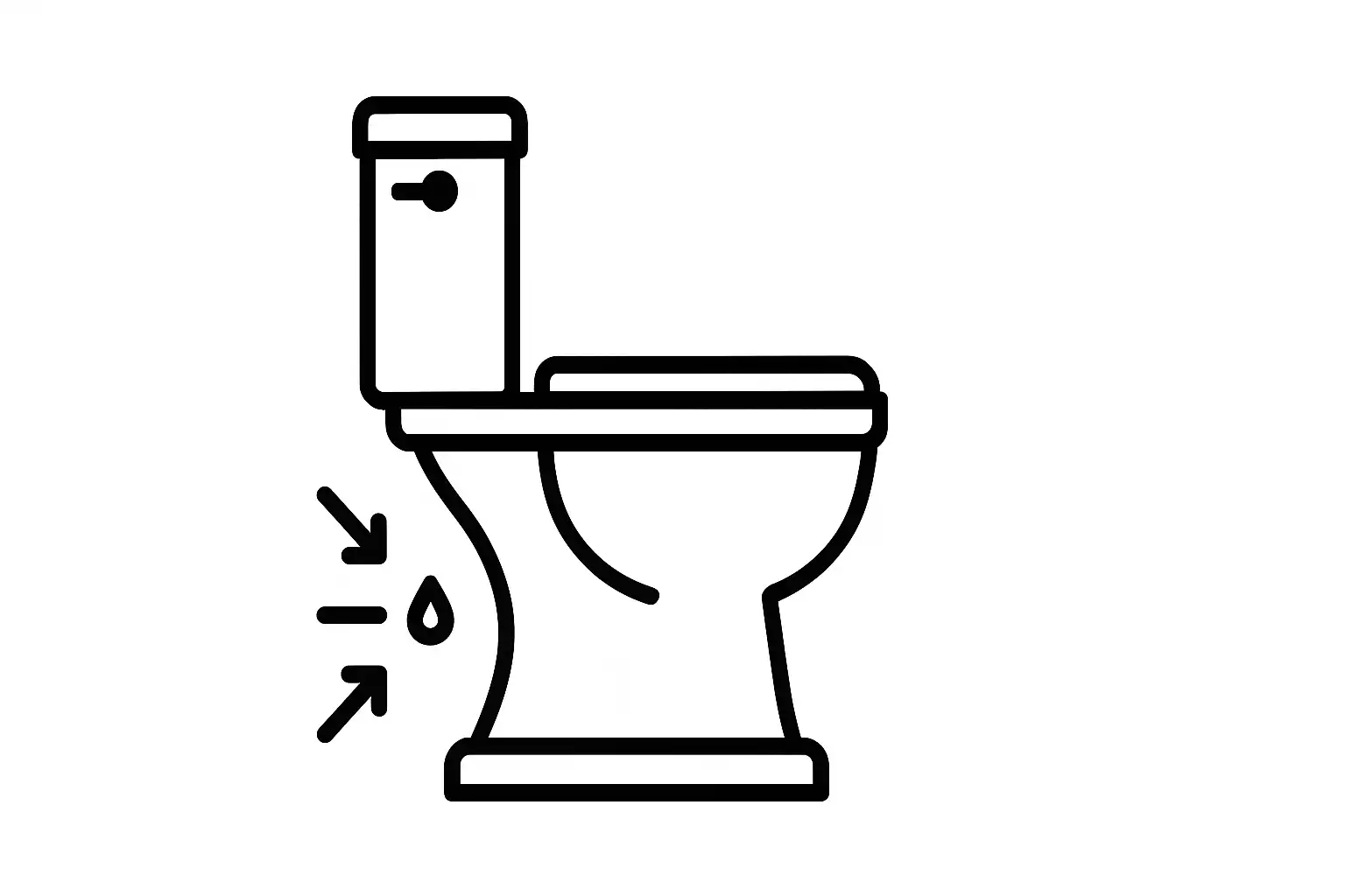 Simple black and white outline of a traditional toilet with tank, handle, and arrows showing manual flushing and water flow.