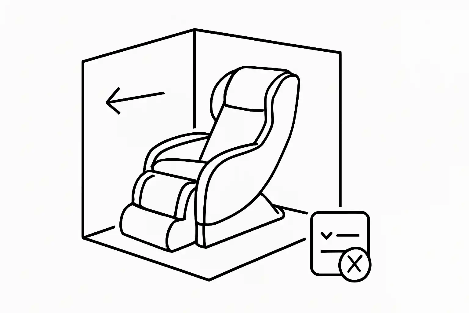 Illustration showing a massage chair placed too close to a wall with an incorrect placement symbol, highlighting common mistakes when setting up a massage chair.