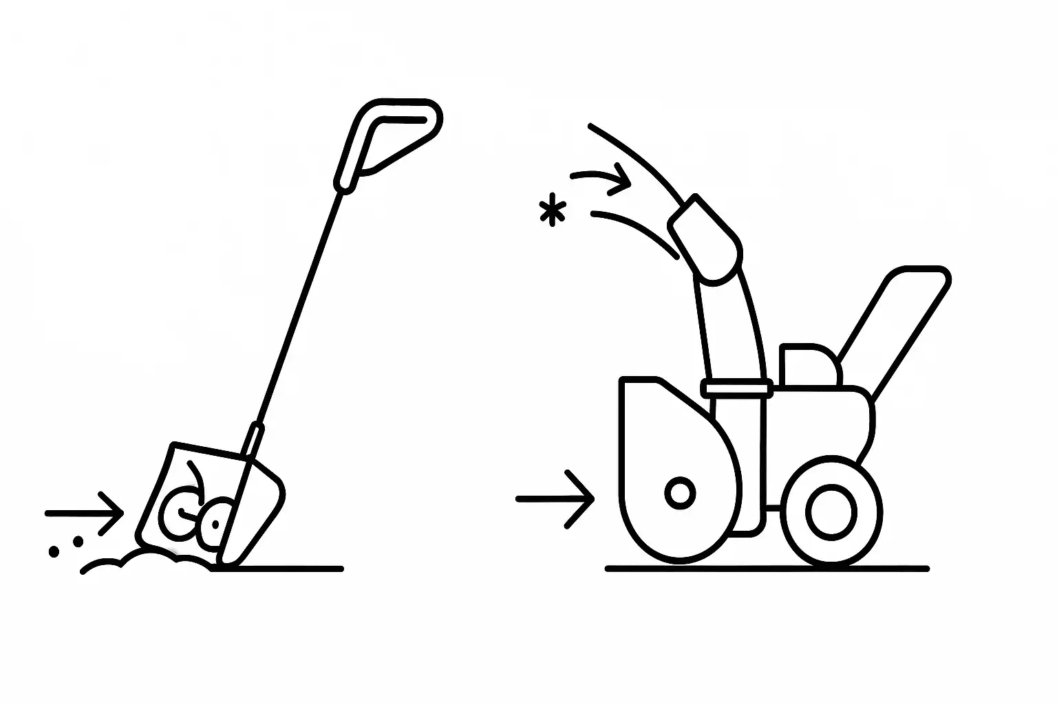 Minimalistic black and white diagram comparing an electric snow shovel and an electric snow blower with arrows showing snow movement.