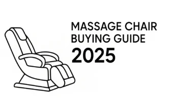 Line drawing of a massage chair with text “Massage Chair Buying Guide 2025,” representing a modern buyer’s guide for selecting massage chairs.