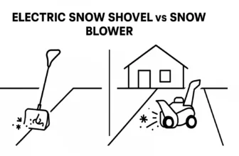 Minimalist black and white split-screen graphic of electric snow shovel and electric snow blower clearing a driveway with house outline.