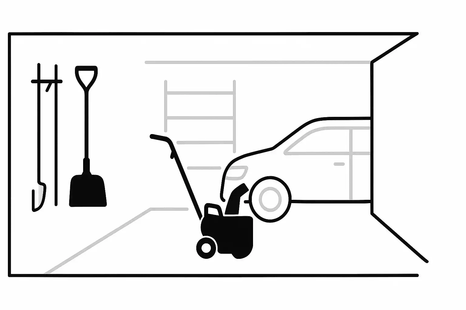 Minimalist black and white garage illustration showing electric snow shovel on wall and electric snow blower parked near compact car.