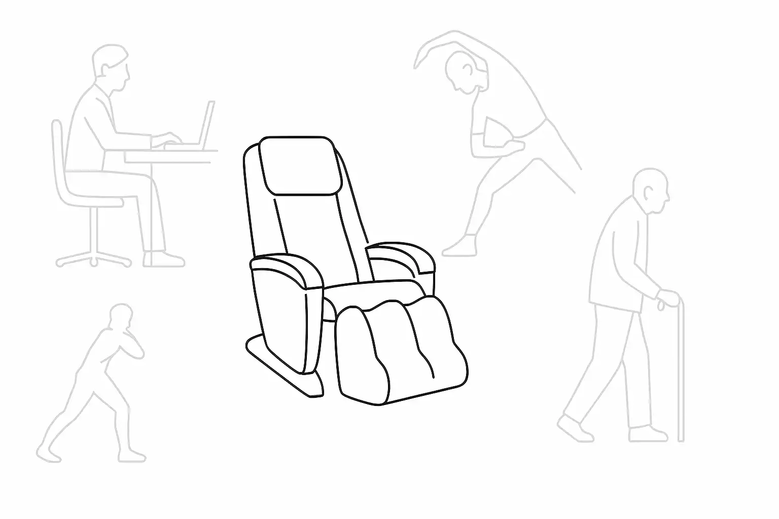 Image featuring a massage chair surrounded by outlines of people of different activity levels, representing who can benefit from using a massage chair.