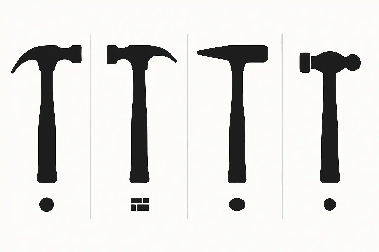 Silhouettes of different hammer types including claw hammer, framing hammer, masonry hammer, mallet, and ball peen hammer