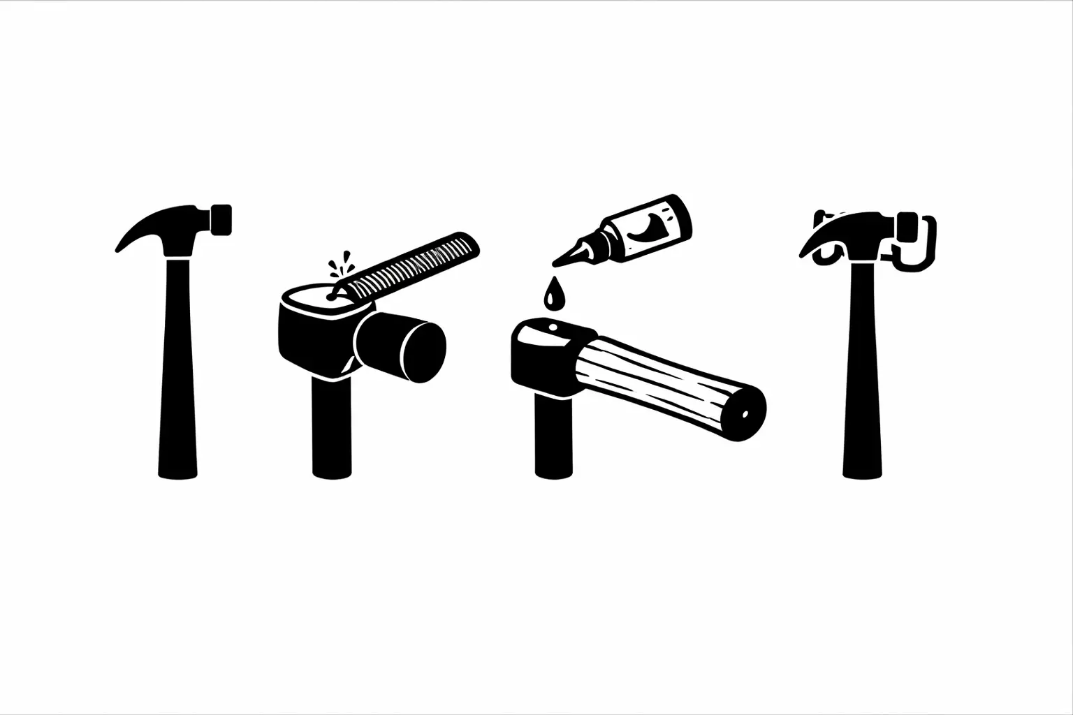 Illustrated sequence showing hammer maintenance steps, including cleaning the head, applying oil to the handle joint, and inspecting the hammer for wear.
