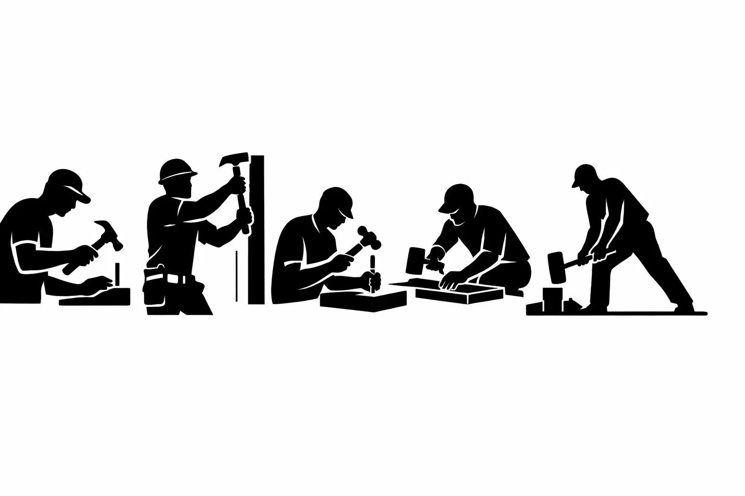 Black silhouette illustrations of common hammer types, including claw hammer, ball peen hammer, mallet, and sledgehammer, shown side by side.