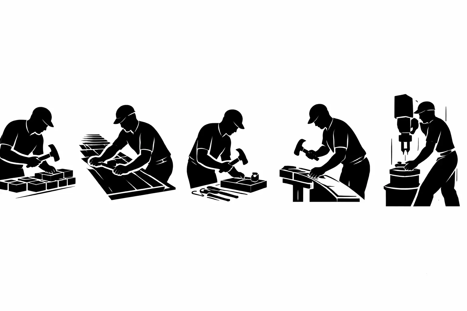 Silhouette illustrations of workers using specialty hammers for tasks such as masonry work, metal shaping, woodworking, and stone cutting.
