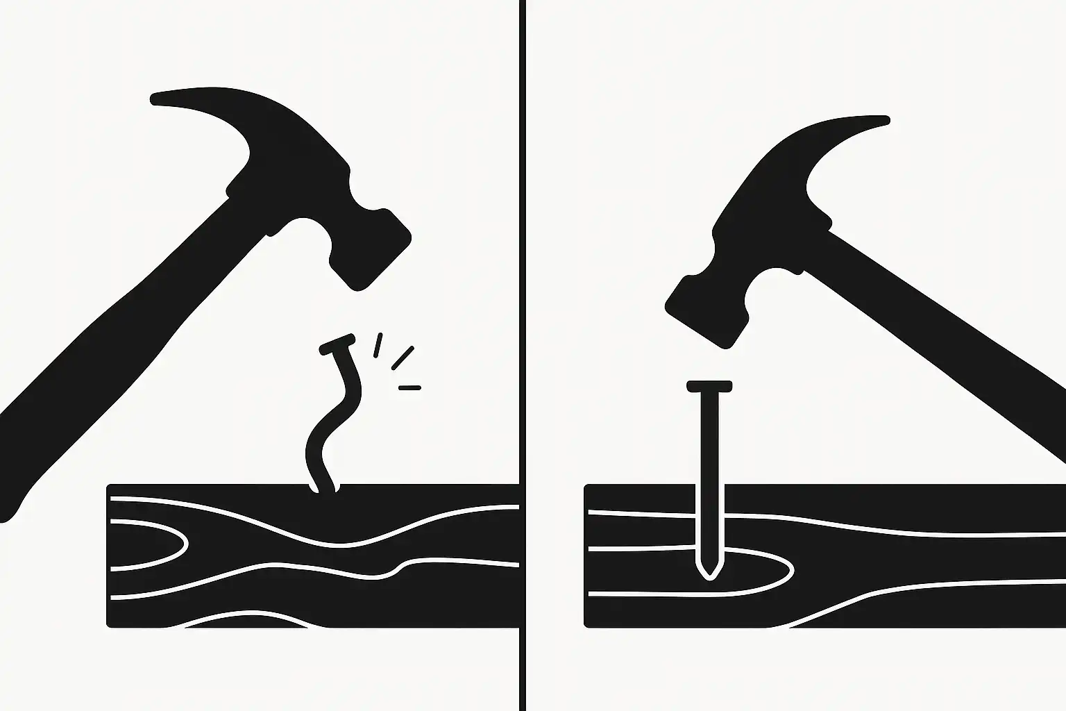 Comparison illustration showing wrong hammer bending a nail versus correct hammer driving a nail straight into wood